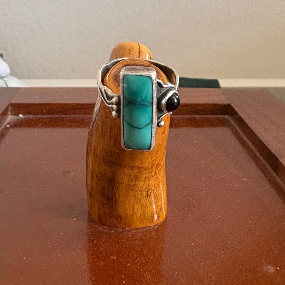 Turquoise and Black Stone Silver Ring